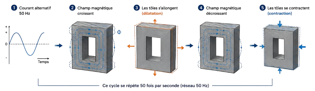 Cycle magnétostriction dilatation et contraction noyau transformateur