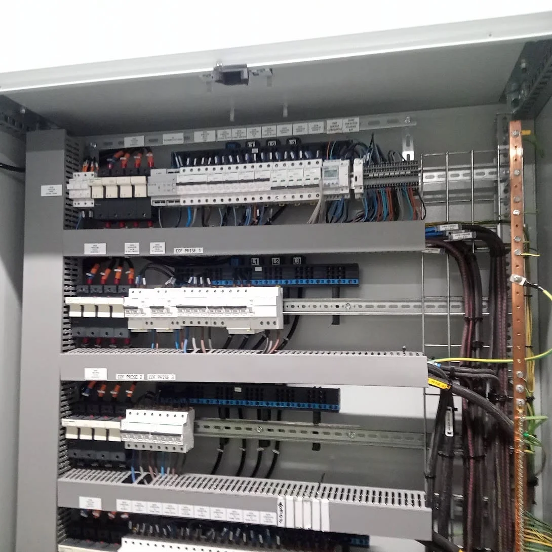 Armoire &eacute;lectrique industrielle c&acirc;bl&eacute;e et r&eacute;alis&eacute;e d'apr&egrave;s les plans d'un bureau d'&eacute;tudes
