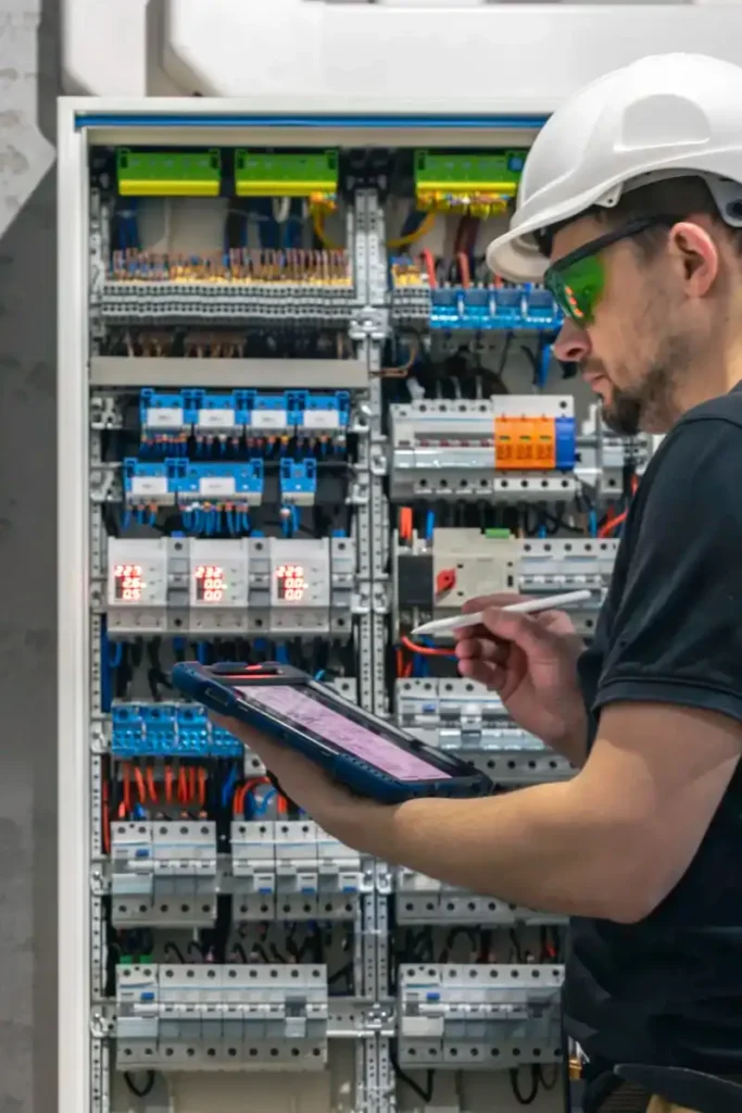 Électricien industriel effectuant le contrôle d une armoire électrique avec une tablette de diagnostic