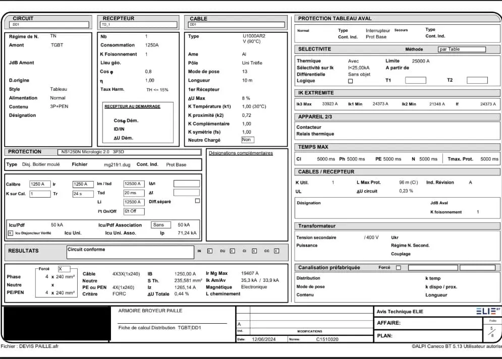 Note de calcul &eacute;lectrique NF C 15-100 pour le dimensionnement d'une installation industrielle