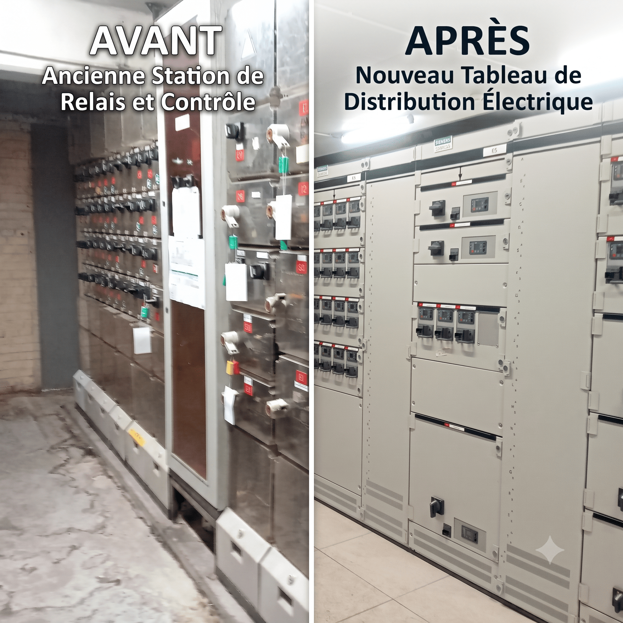 Comparatif avant après du revamping d'un TGBT : remplacement d'une ancienne armoire électrique d'usine par un tableau Siemens SIVACON S8 moderne.