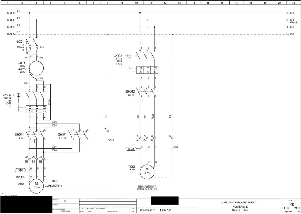 Exemple de folio de schéma électrique industriel produit lors d'une étude en électricité